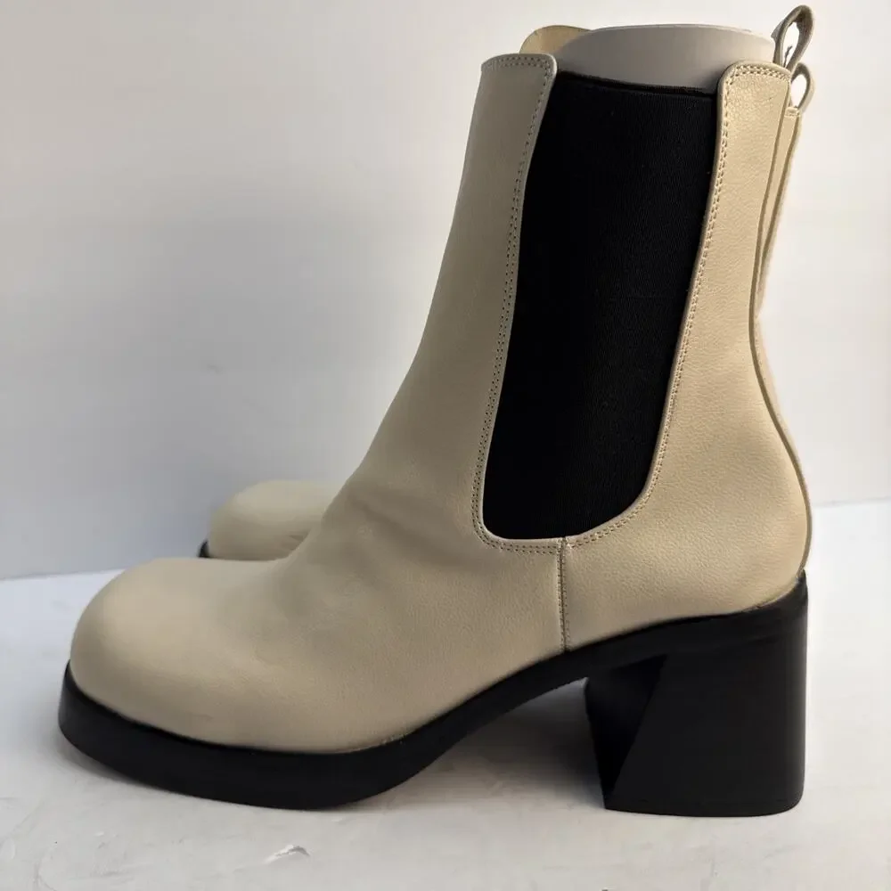 Topshop Womens Ivory‎ Leather Boots Size 9 Chunky Block Heel Retro Y2K NWOB